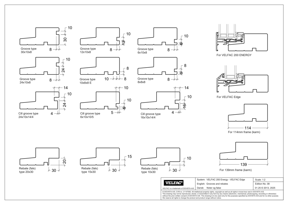 Grooves, rebates and packers for VELFAC 200 ENERGY and VELFAC Edge